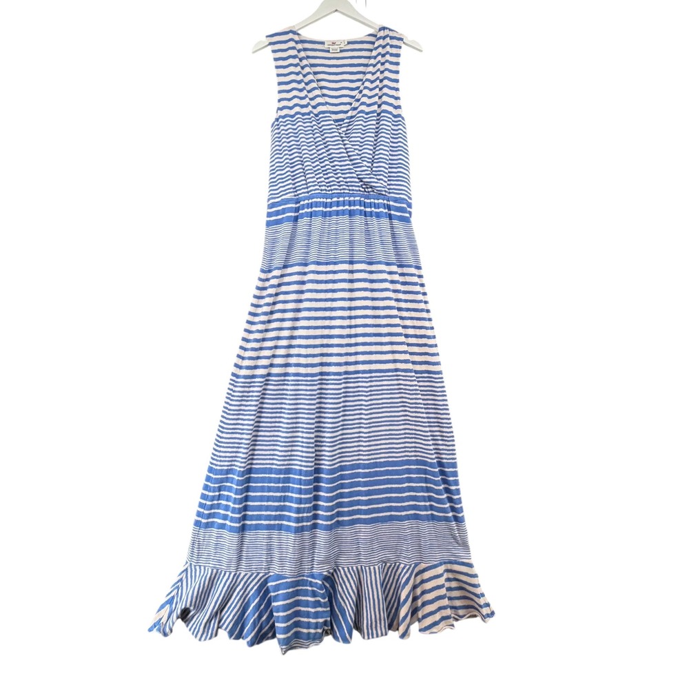 Vineyard Vines Womens Blue White Striped Surplice Maxi Dress Ruffle Hem Large - Picture 2 of 10